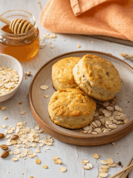 Golden Spelt Breakfast Biscuits on a rustic plate with scattered oats and honey drizzle