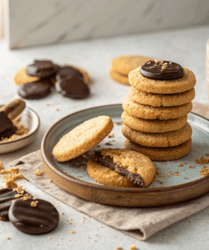 Golden spelt butter cookies stacked on a rustic ceramic plate