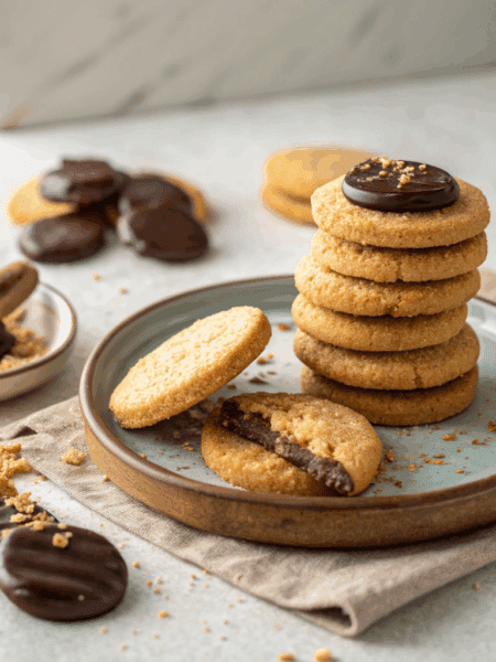 Golden spelt butter cookies stacked on a rustic ceramic plate