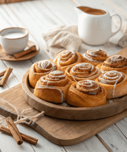 Golden spelt cinnamon rolls arranged on a rustic plate