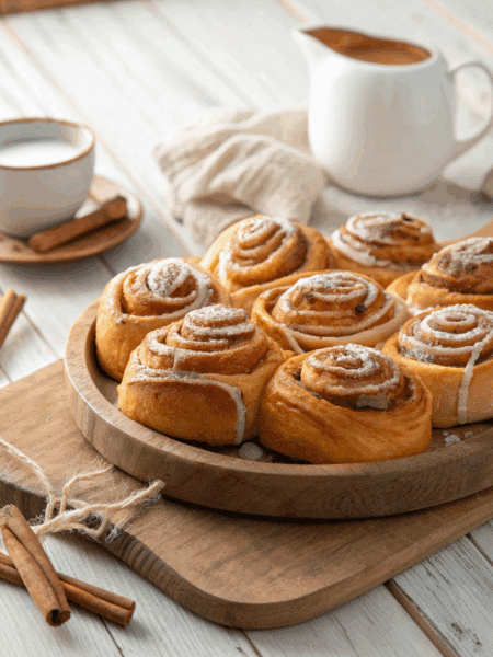 Golden spelt cinnamon rolls arranged on a rustic plate
