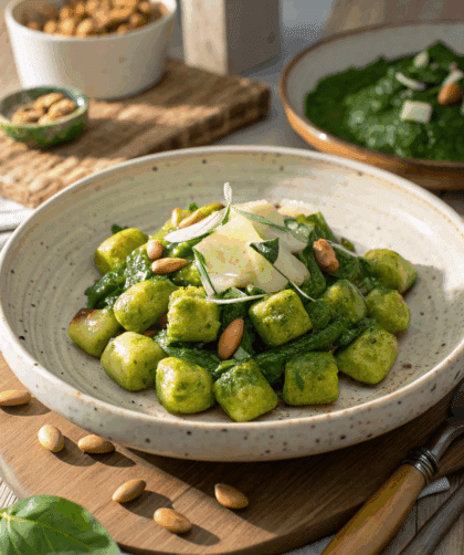 Plate of spelt gnocchi tossed in vibrant green spinach and almond pesto, garnished with Parmesan and almond flakes.