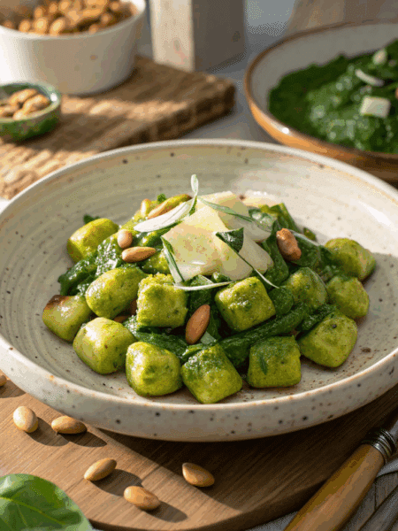 Plate of spelt gnocchi tossed in vibrant green spinach and almond pesto, garnished with Parmesan and almond flakes.