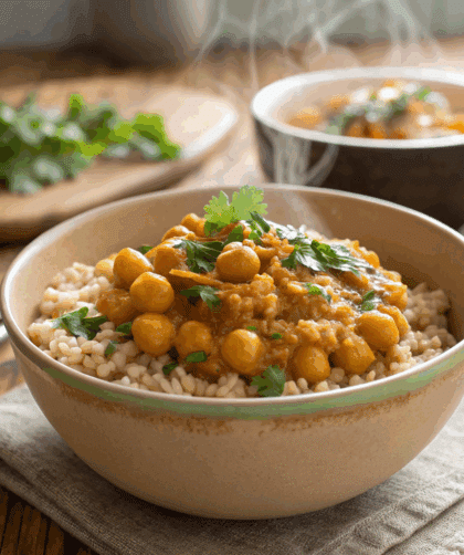 bowl of vegan chickpea curry served over cooked pearled spelt.