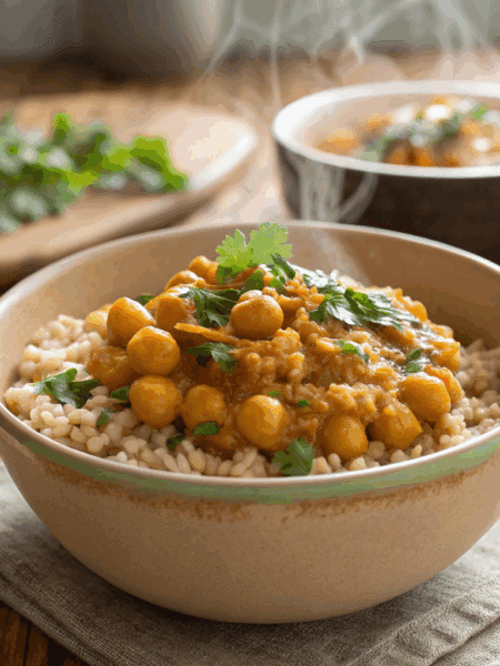 bowl of vegan chickpea curry served over cooked pearled spelt.