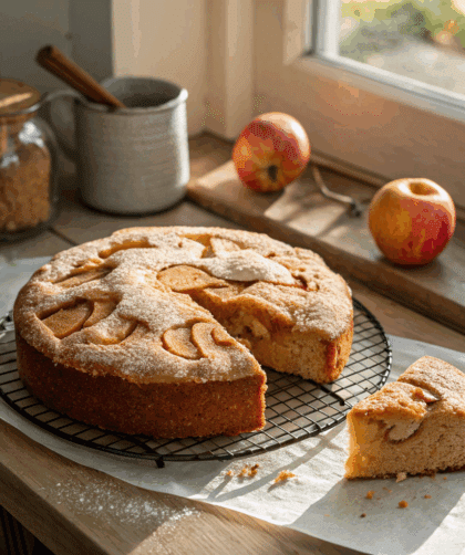 photo of a golden-brown spelt cider apple cake, round and rustic, with visible apple pieces inside and a sugared crust.