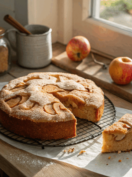 photo of a golden-brown spelt cider apple cake, round and rustic, with visible apple pieces inside and a sugared crust.