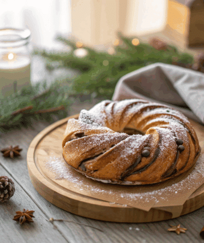 The wreath is golden brown with visible chocolate swirls, lightly dusted with icing sugar.