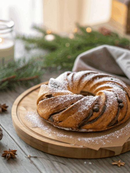 The wreath is golden brown with visible chocolate swirls, lightly dusted with icing sugar.