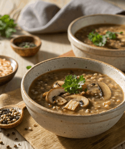 Realistic photo of Spelt and Mushroom Soup served in rustic ceramic bowls. Creamy brown broth with visible grains of spelt and slices of sautéed mushrooms, garnished with parsley and cracked pepper.