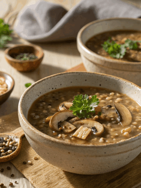 Realistic photo of Spelt and Mushroom Soup served in rustic ceramic bowls. Creamy brown broth with visible grains of spelt and slices of sautéed mushrooms, garnished with parsley and cracked pepper.