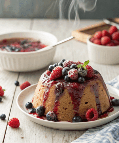 Realistic photo of Spelt Summer Berry Steamed Pudding freshly inverted onto a white ceramic plate.