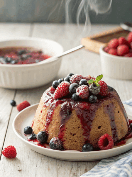 Realistic photo of Spelt Summer Berry Steamed Pudding freshly inverted onto a white ceramic plate.