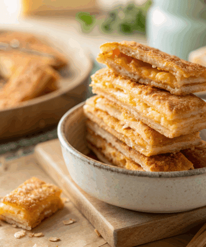 Side-angle close-up photo of a stack of golden, crispy spelt cheese straws in a small ceramic bowl.