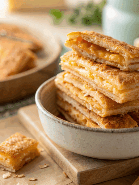 Side-angle close-up photo of a stack of golden, crispy spelt cheese straws in a small ceramic bowl.