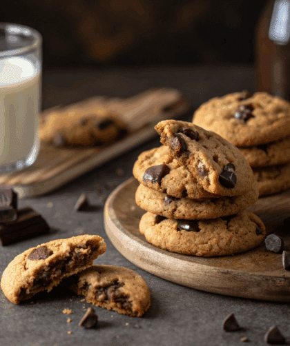 Side-angle photo of a stack of Spelt Chocolate Chip Cookies with one broken cookie showing chewy centre and melted chocolate.