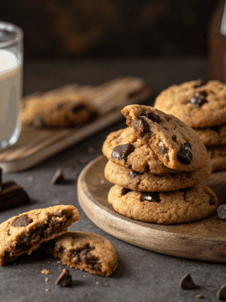 Side-angle photo of a stack of Spelt Chocolate Chip Cookies with one broken cookie showing chewy centre and melted chocolate.