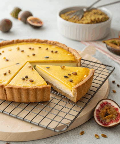 Side view of a sliced spelt passionfruit tart showing crisp pastry edges and smooth custard interior. Tart on a cooling rack with a few scattered passionfruit seeds.
