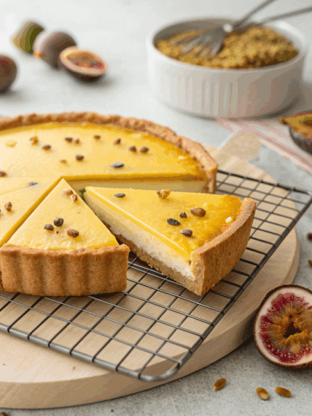 Side view of a sliced spelt passionfruit tart showing crisp pastry edges and smooth custard interior. Tart on a cooling rack with a few scattered passionfruit seeds.