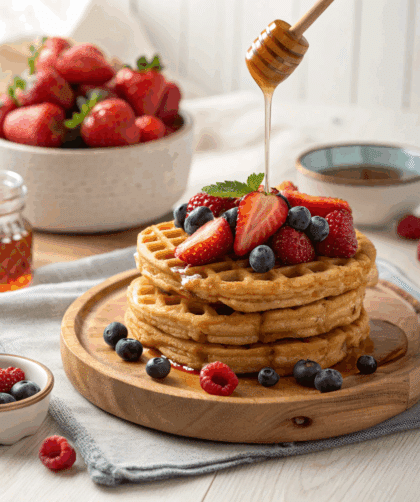 Stack of golden spelt waffles topped with fresh berries (strawberries, blueberries, raspberries) and a drizzle of honey on a rustic plate.