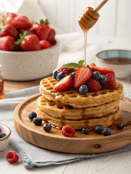 Stack of golden spelt waffles topped with fresh berries (strawberries, blueberries, raspberries) and a drizzle of honey on a rustic plate.