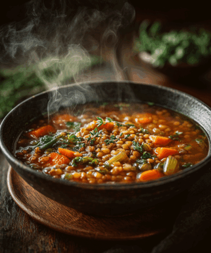 A deep bowl of hearty spelt lentil soup with visible spelt grains, lentils, carrots, celery, and herbs.