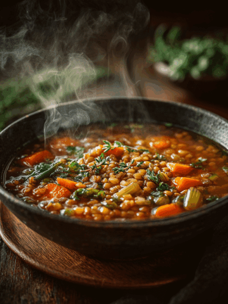 A deep bowl of hearty spelt lentil soup with visible spelt grains, lentils, carrots, celery, and herbs.