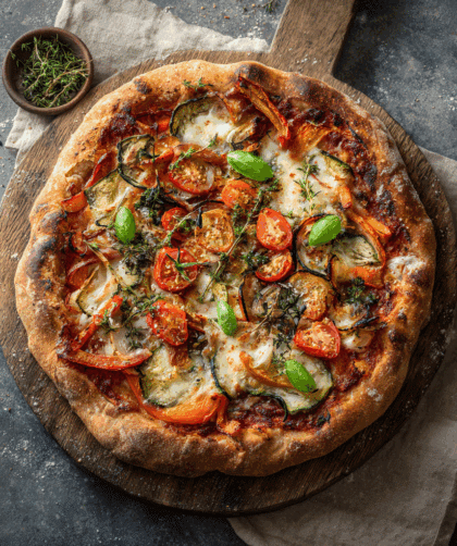 rustic Vegan Spelt Pizza Dough base rolled out and topped with fresh tomato sauce, vegetables, and vegan cheese.