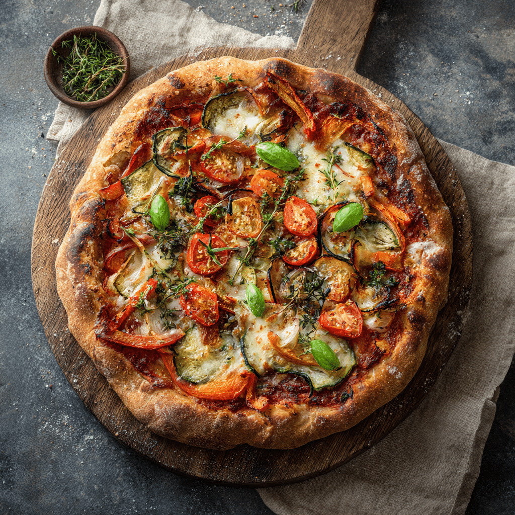 rustic Vegan Spelt Pizza Dough base rolled out and topped with fresh tomato sauce, vegetables, and vegan cheese.