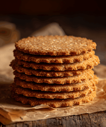 A stack of golden Spelt Digestive Biscuits on parchment paper, crisp edges visible