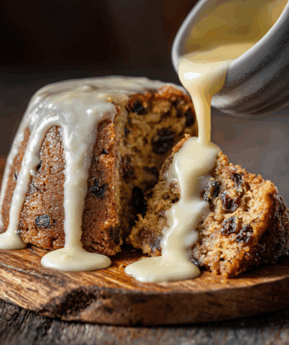 A thick Spelt Clootie Dumpling with a slightly golden exterior, sliced on a rustic wooden board.