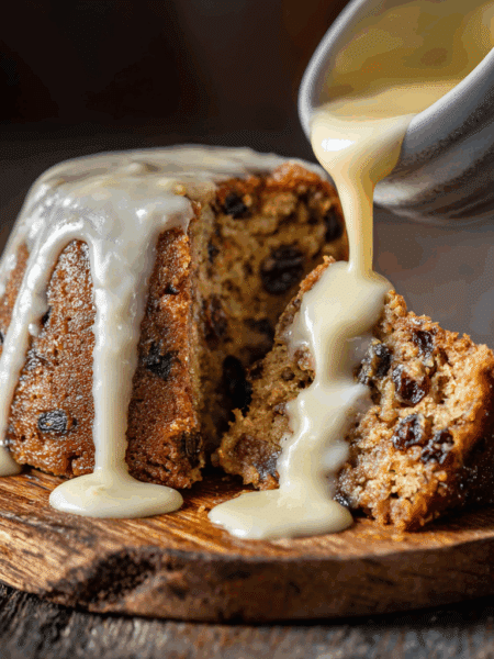 A thick Spelt Clootie Dumpling with a slightly golden exterior, sliced on a rustic wooden board.