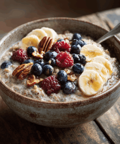 A thick, hearty bowl of spelt porridge with chia seeds
