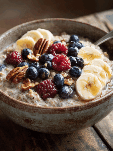 A thick, hearty bowl of spelt porridge with chia seeds