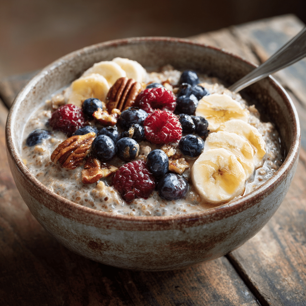 A thick, hearty bowl of spelt porridge with chia seeds