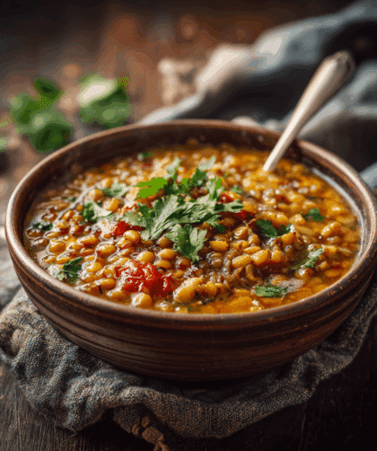 Bowl of Spelt and Green Lentil Curry with visible lentils, spelt grains, tomato base, warm golden tones, coriander garnish. Served in a ceramic bowl on a rustic table.