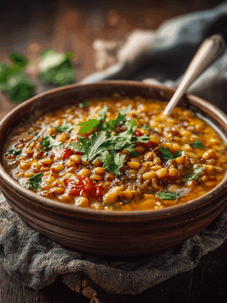 Bowl of Spelt and Green Lentil Curry with visible lentils, spelt grains, tomato base, warm golden tones, coriander garnish. Served in a ceramic bowl on a rustic table.