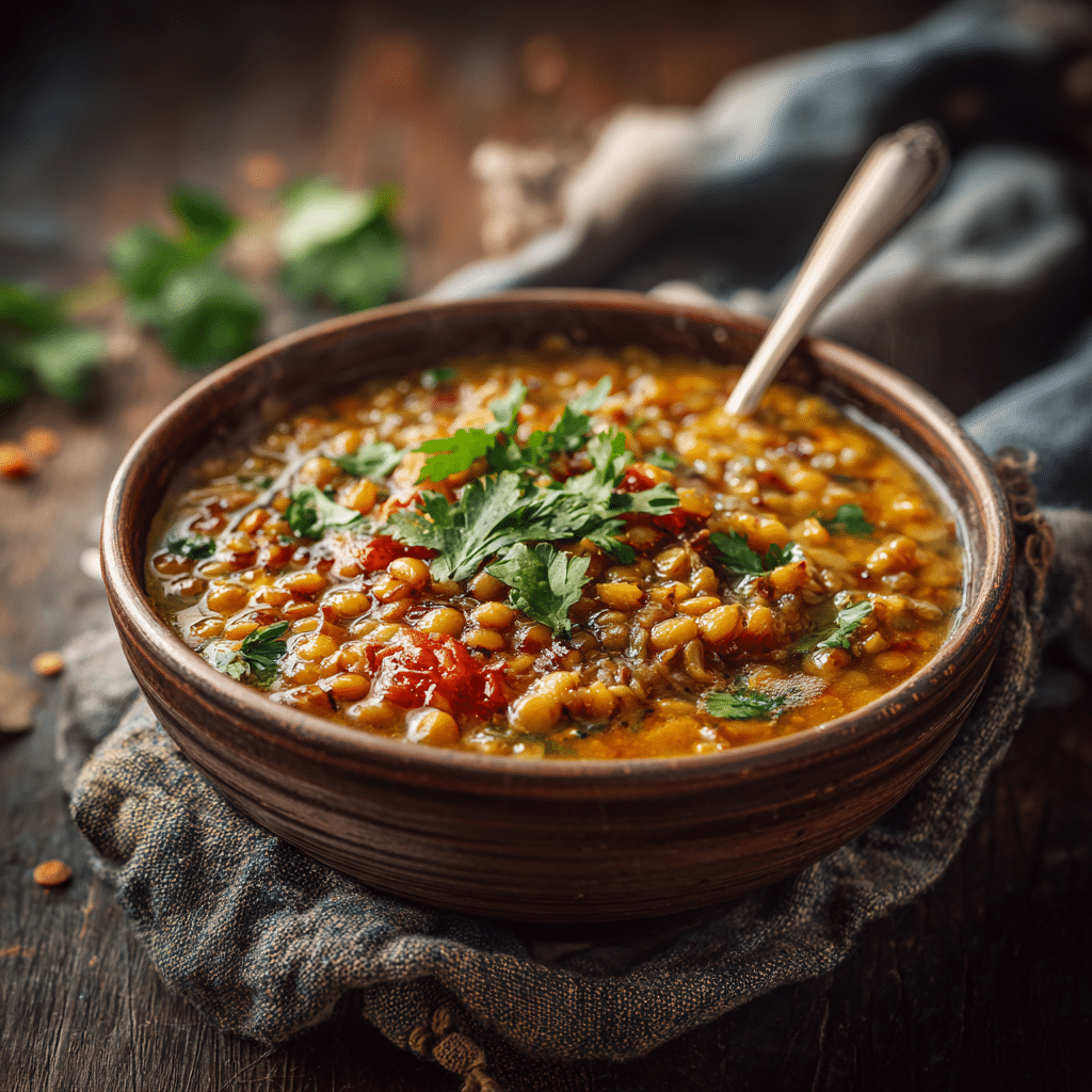Bowl of Spelt and Green Lentil Curry with visible lentils, spelt grains, tomato base, warm golden tones, coriander garnish. Served in a ceramic bowl on a rustic table.