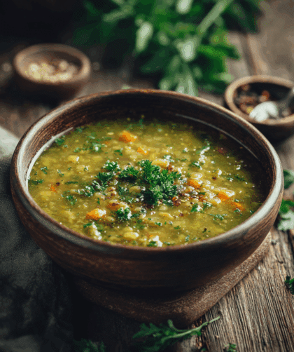 Bowl of Spelt and Split Pea Soup, thick and vibrant green, with visible spelt grains and diced carrots.