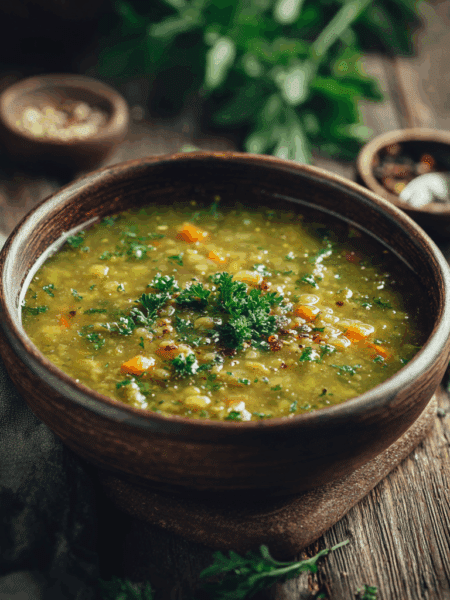 Bowl of Spelt and Split Pea Soup, thick and vibrant green, with visible spelt grains and diced carrots.
