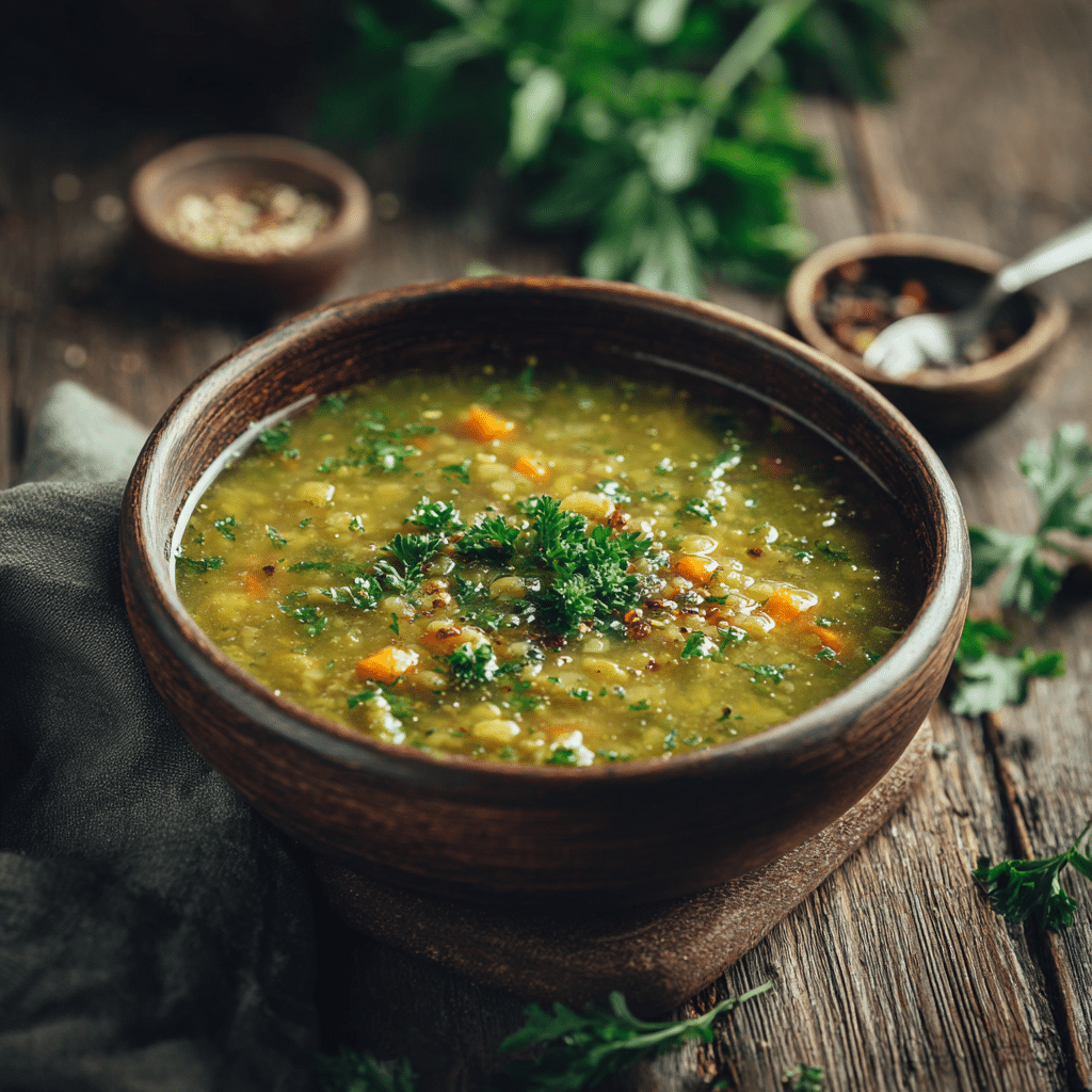Bowl of Spelt and Split Pea Soup, thick and vibrant green, with visible spelt grains and diced carrots.