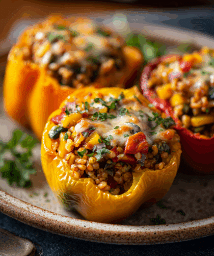 Hearty spelt stuffed bell peppers arranged on a ceramic plate.