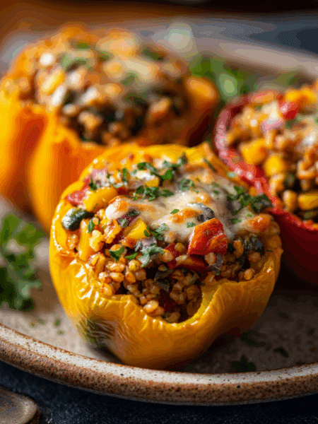 Hearty spelt stuffed bell peppers arranged on a ceramic plate.