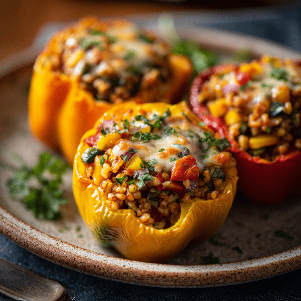 Hearty spelt stuffed bell peppers arranged on a ceramic plate.