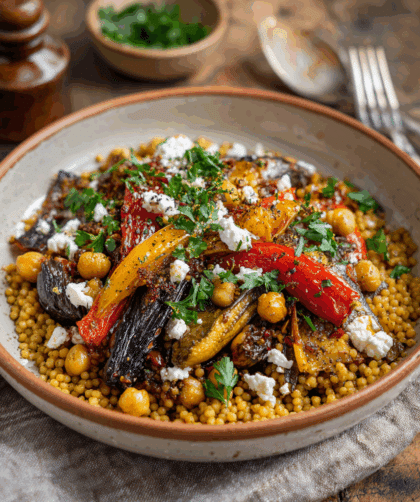 Spelt Mediterranean Couscous Bowl in a large ceramic bowl