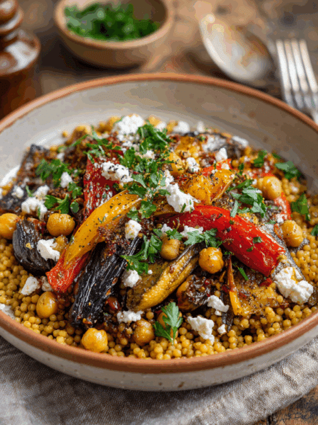Spelt Mediterranean Couscous Bowl in a large ceramic bowl