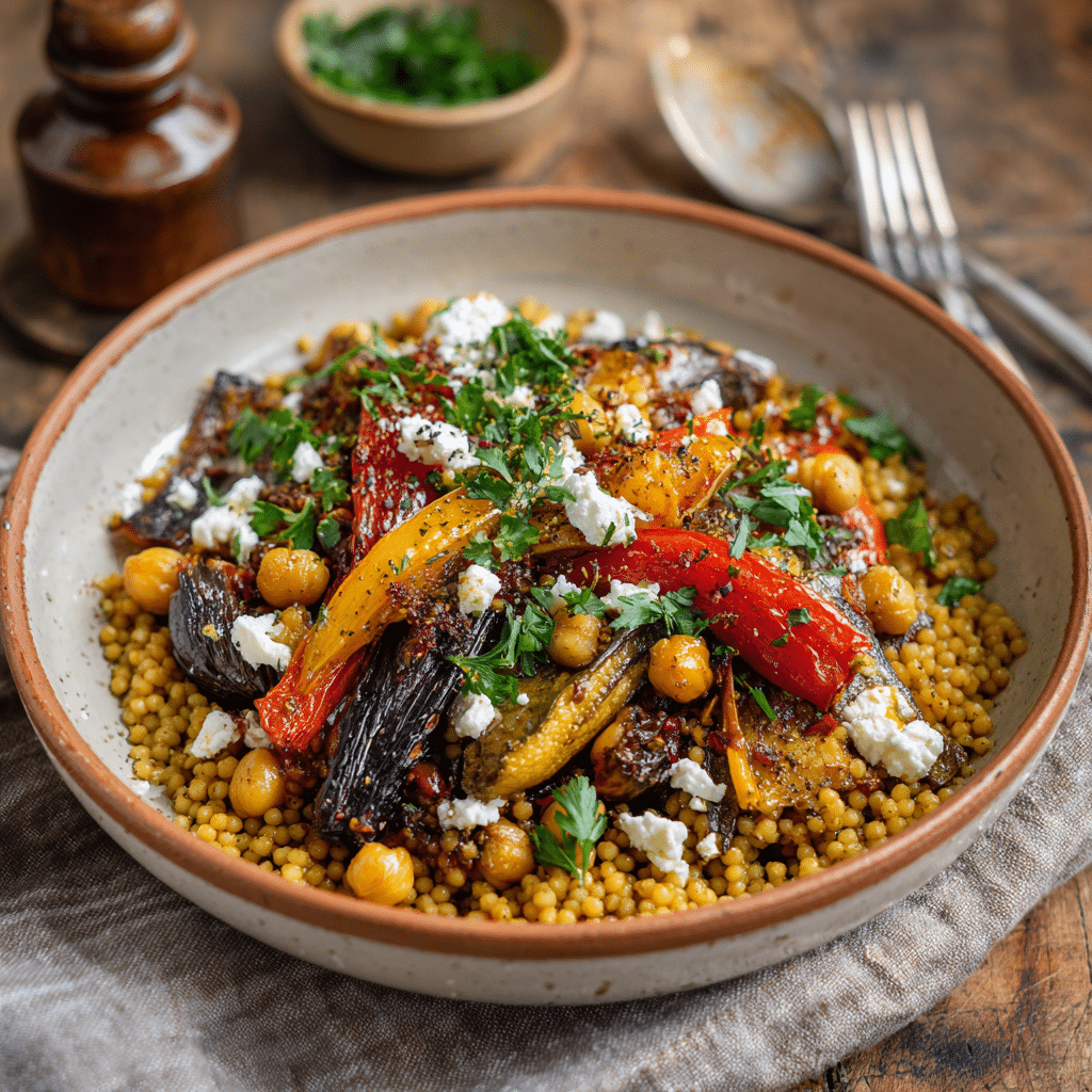 Spelt Mediterranean Couscous Bowl in a large ceramic bowl