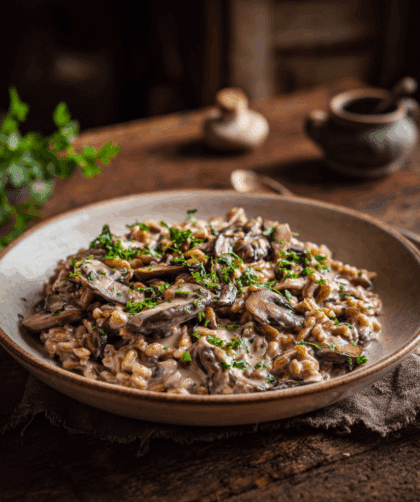 Spelt Mushroom Stroganoff served in a shallow bowl.