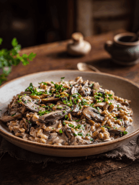 Spelt Mushroom Stroganoff served in a shallow bowl.
