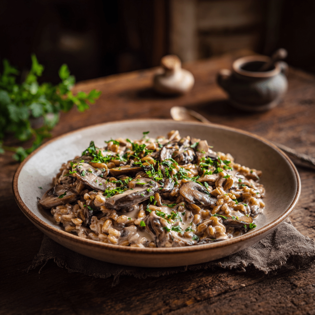 Spelt Mushroom Stroganoff served in a shallow bowl.